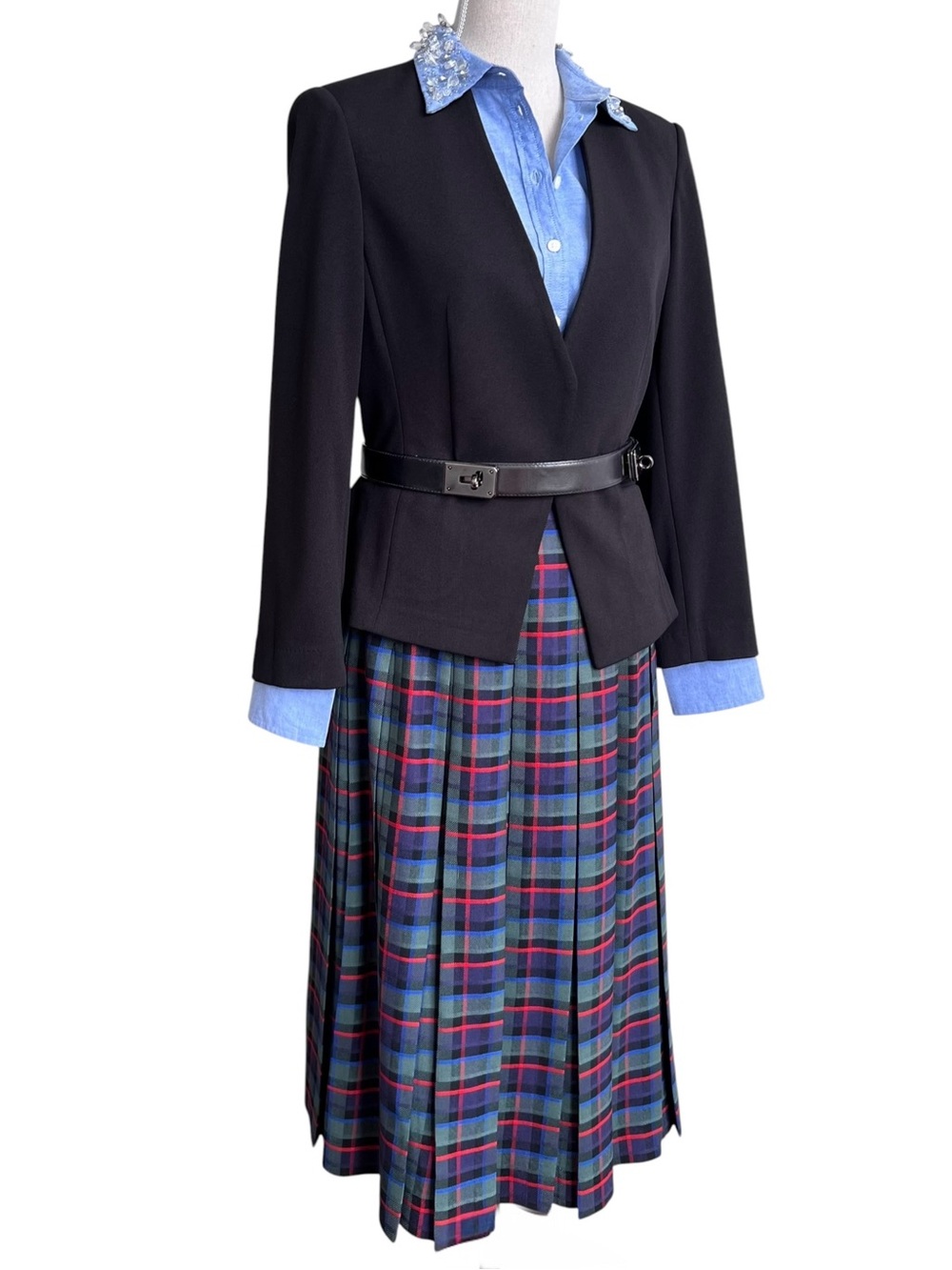 Vintage Aljean Virgin Wool Tartan Plaid Pleated Midi Skirt Size XS